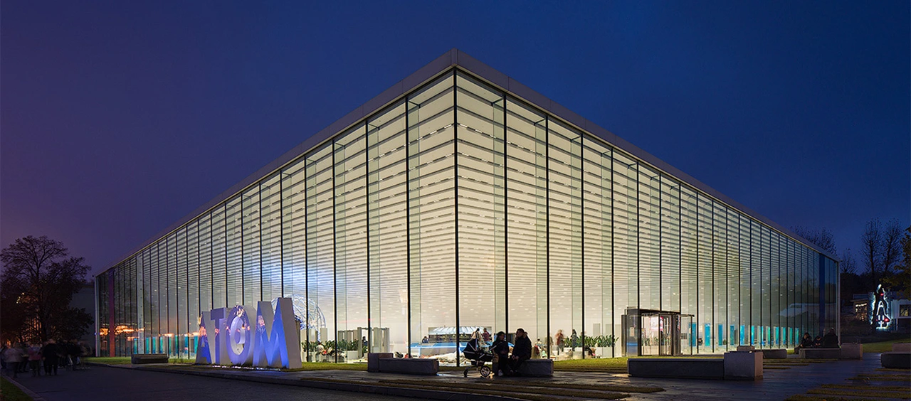 ATOM Pavilion at VDNKh, evening view